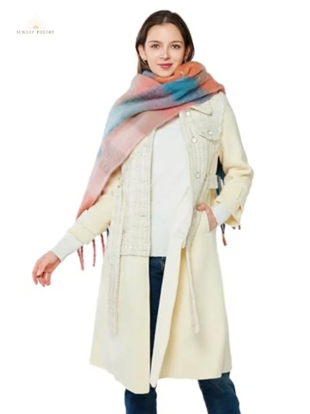 Oversized Plaid Fringe Scarf Cashmere Feeling Winter Wrap